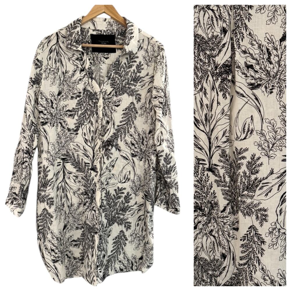 Tahari Women’s Medium 100% Linen Collared Shirt Dress Black Ivory Toile Print